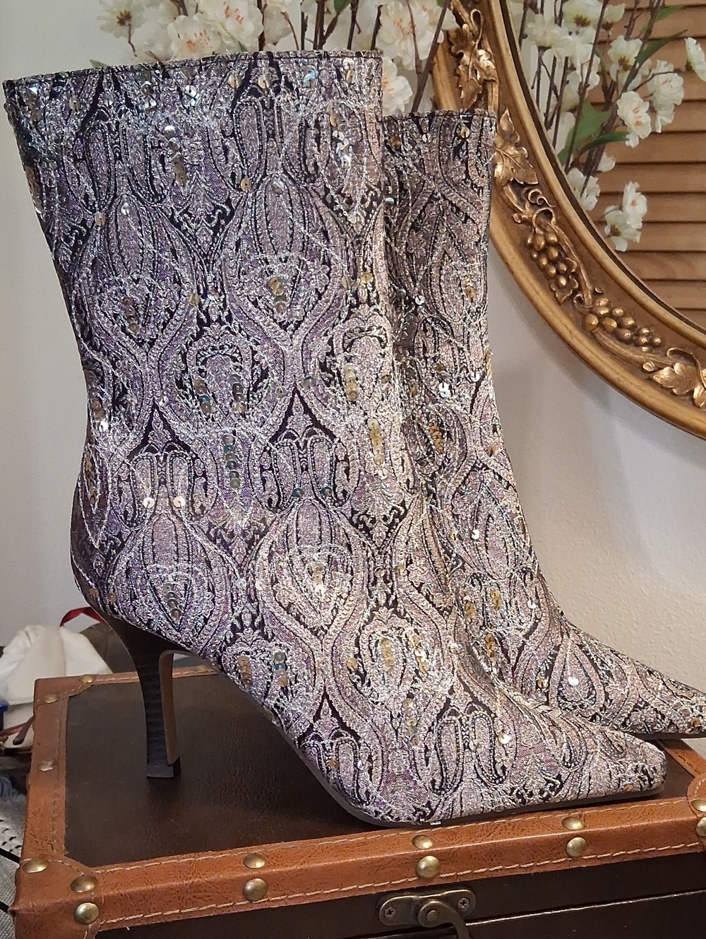 Anne Michelle Lavender Sequin Jacquard Pointed-Toe Ankle Boots
